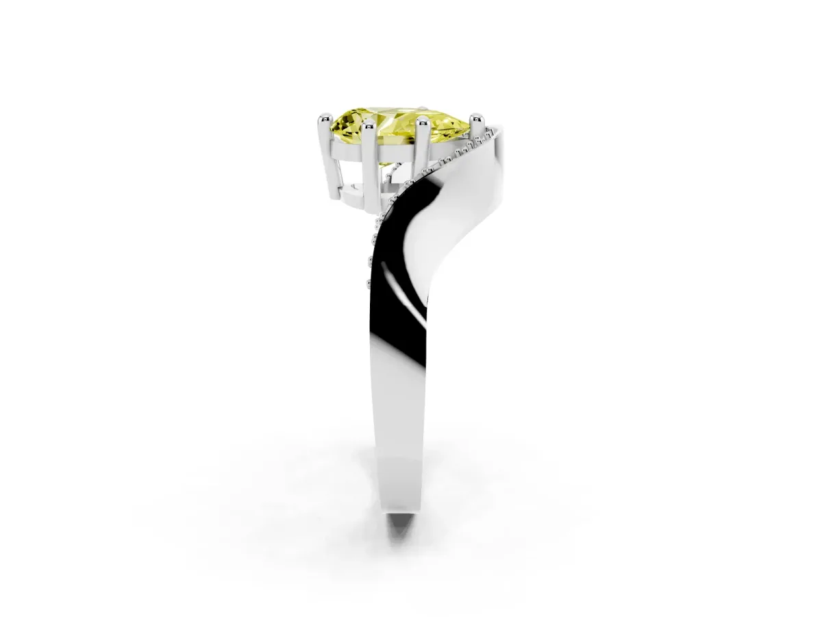 Fancy Yellow Pear Cut Solitaire Diamond Engagement Ring with Pave Band and Four-Prong Setting Silver