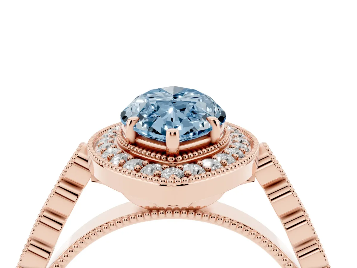 Fancy Blue Marquise Cut Halo Milgrain Solitaire with Bezel Set Side Stones and Pave Band Rose gold