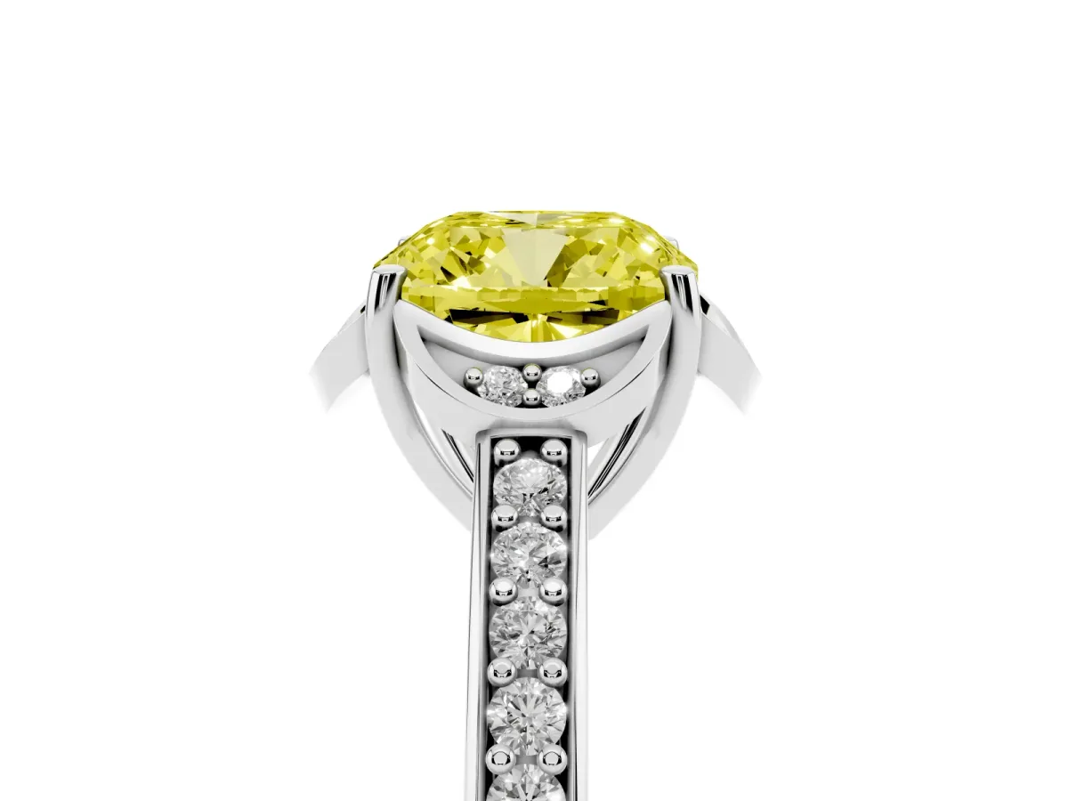 Fancy Yellow Cushion Cut Cut Halo Diamond Ring with Channel Set Band and Four-Prong Setting White gold