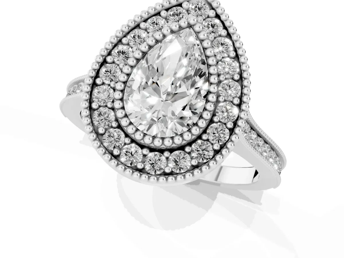 Pear Cut Diamond Halo Ring with Milgrain Frame and Pavé Band Silver