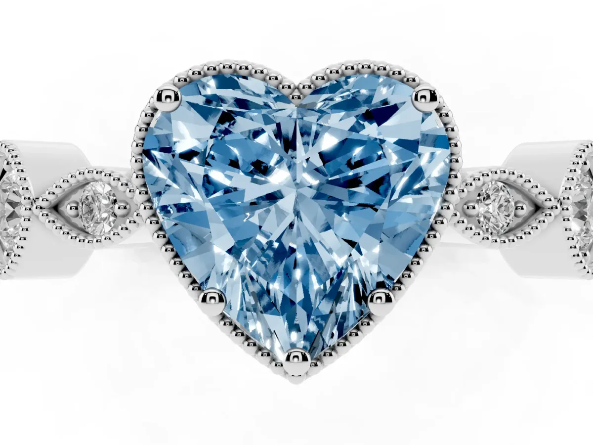 Fancy Blue Heart Cut Diamond Vintage Milgrain Ring with Round Stations Silver