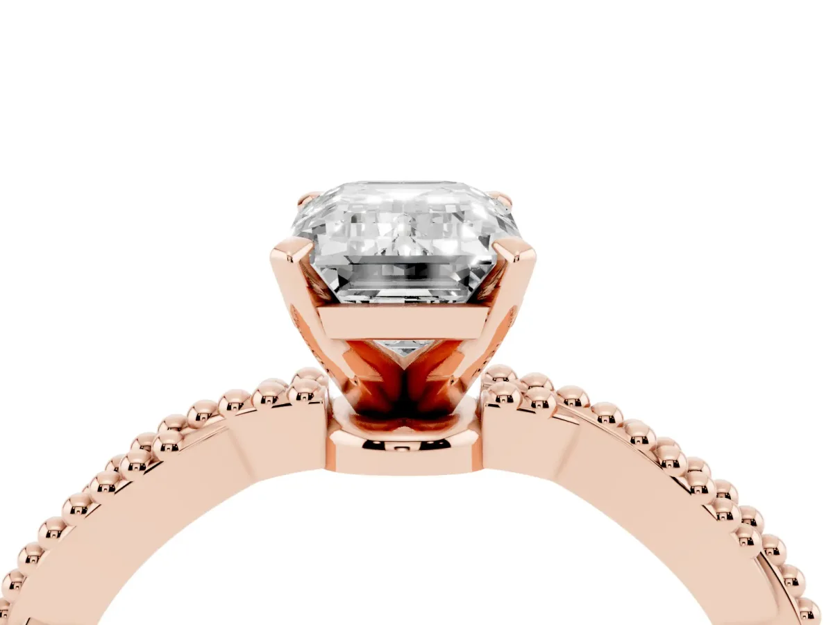 Emerald Cut Solitaire Twisted Band with Bead Prong Setting Rose gold