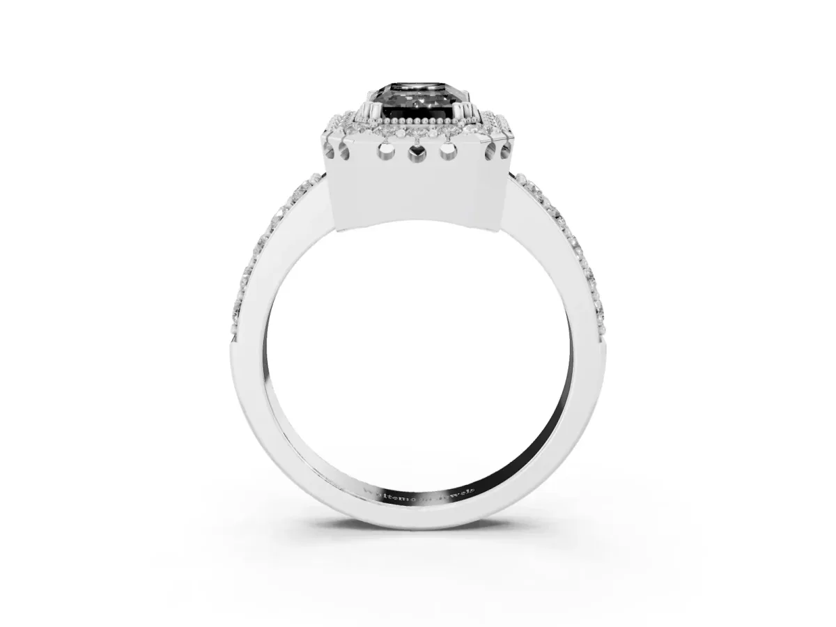 Fancy Black Emerald Cut Diamond Halo Ring with Pavé Band and Prong Setting Silver