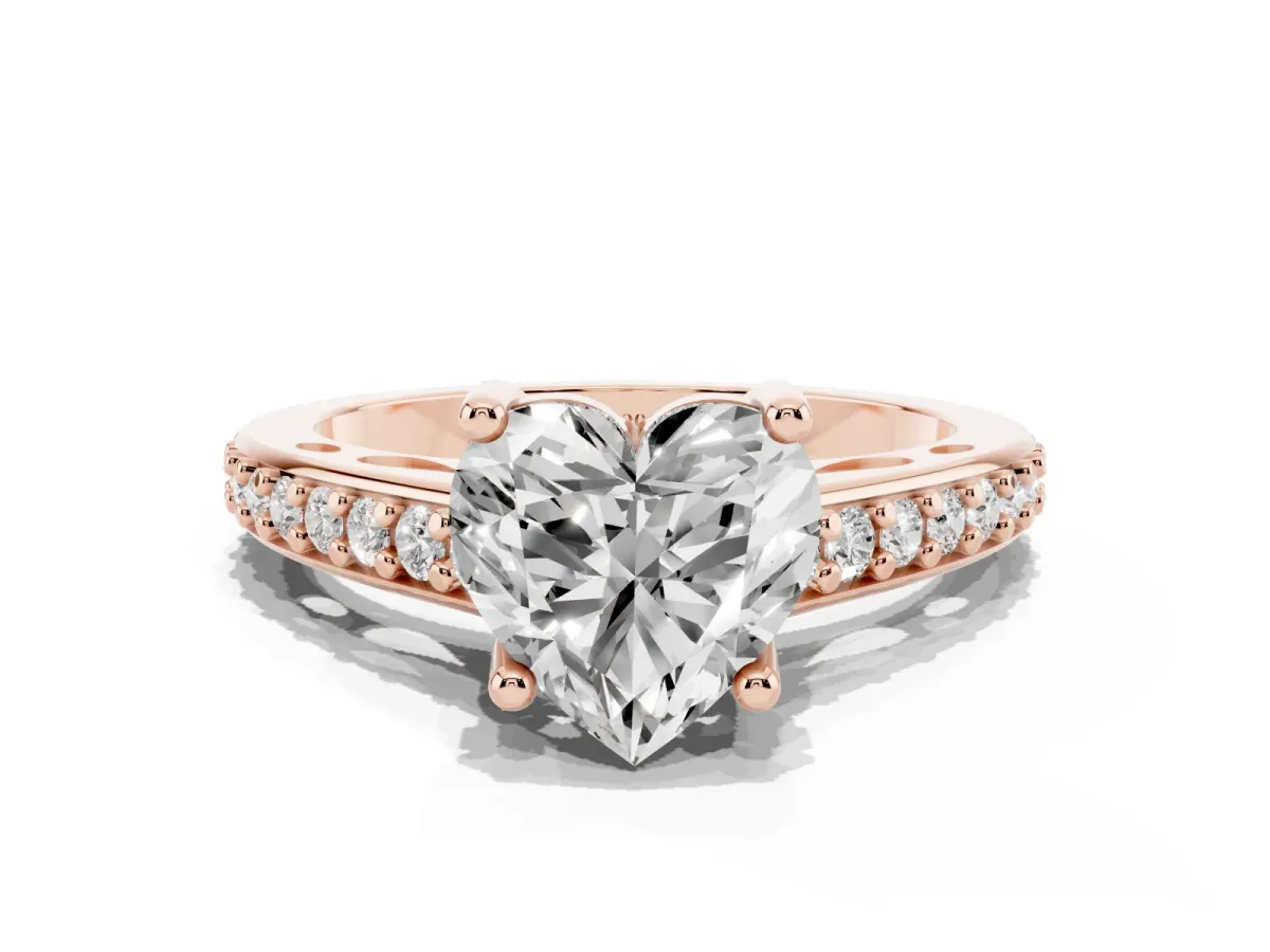 Heart Cut Solitaire Prong Set Diamond Engagement Ring with Pave Band Rose gold