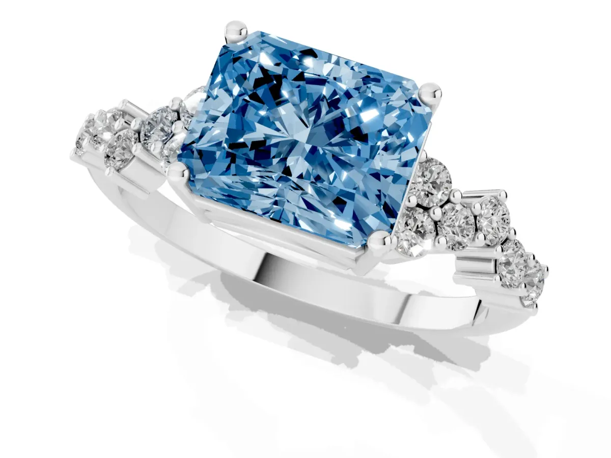 Fancy Blue Radiant Cut Diamond Scattered Round Accent Ring with Prong Setting White gold