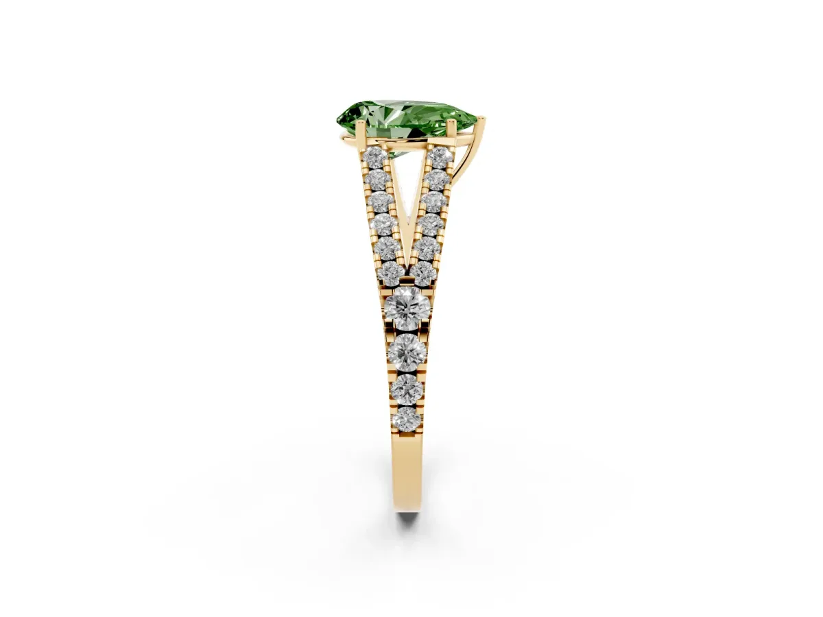 Fancy Green Pear Cut Diamond Split Shank Engagement Ring with Round Pavé and Prong Setting Yellow gold