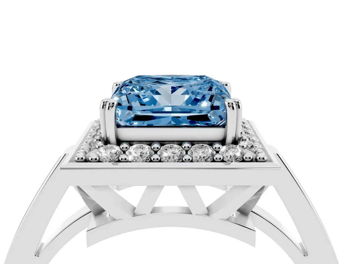 Fancy Blue Princess Cut Diamond Halo Ring with Split Shank and Four-Prong Setting Platinum