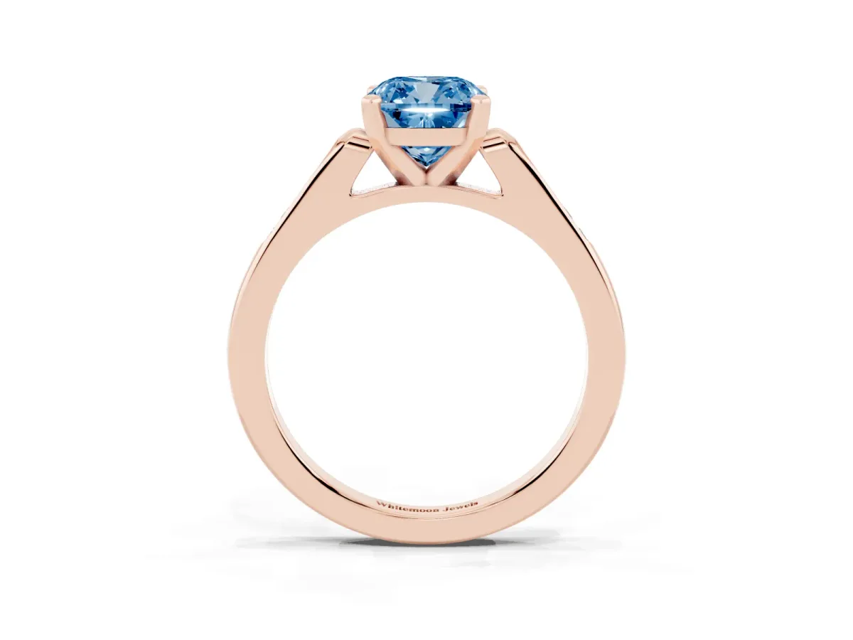 Fancy Blue Cushion Cut Diamond Solitaire Ring with Channel Set Round Band and Prong Setting Rose gold