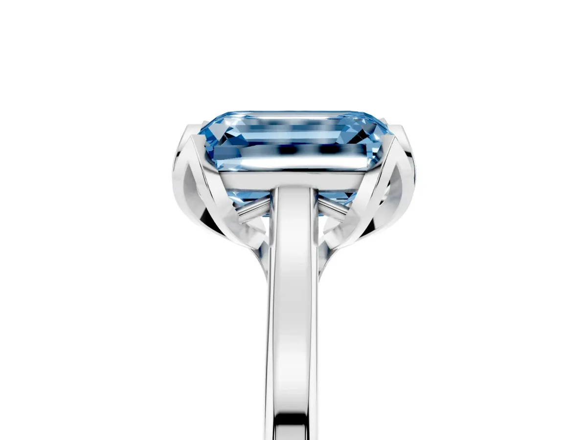 Fancy Blue Emerald Cut Diamond Solitaire Ring with Flower Prong Setting and Classic Band Silver