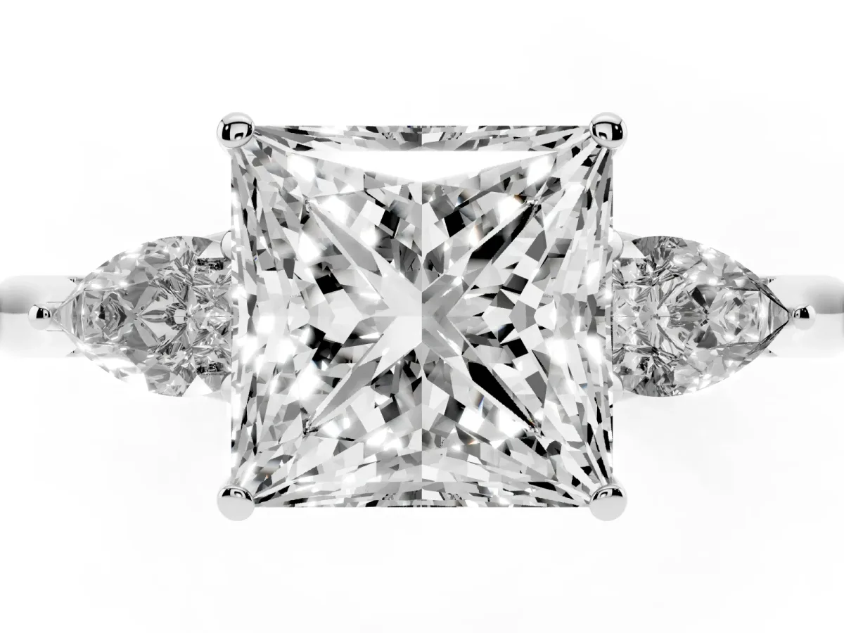 Three-Stone Princess Cut Brilliant Diamond Solitaire Ring with Tapered Band and Four-Prong Setting White gold
