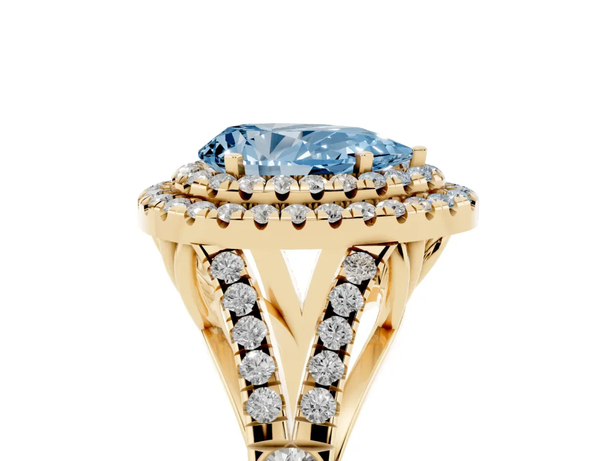 Fancy Blue Pear Cut Diamond Double Halo Ring with Split Shank and Prong Setting Yellow gold