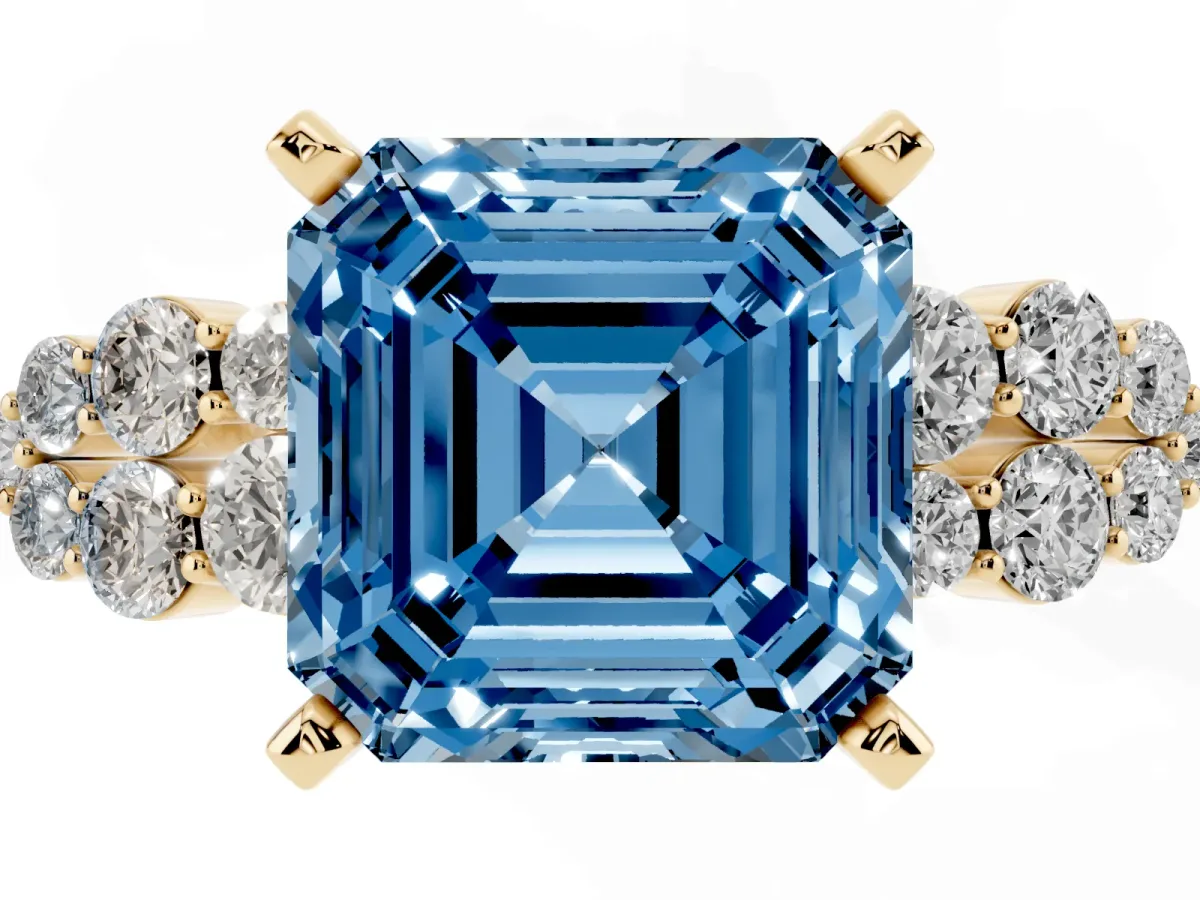 Fancy Blue Asscher Cut Cluster Diamond Engagement Ring with Pavé Band and Four-Prong Setting Yellow gold