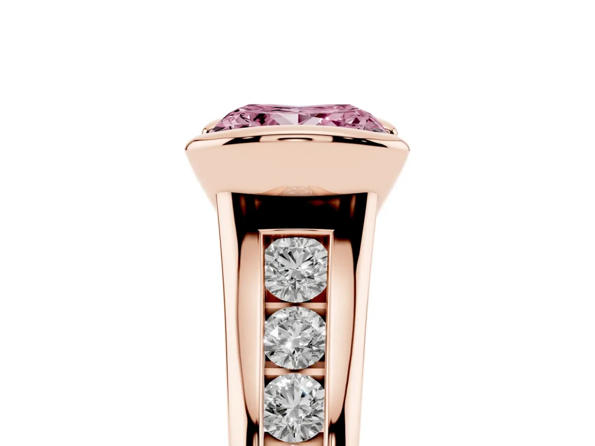 Fancy Pink Princess Cut Solitaire Bezel-Set Diamond Ring with Channel-Set Band Rose gold