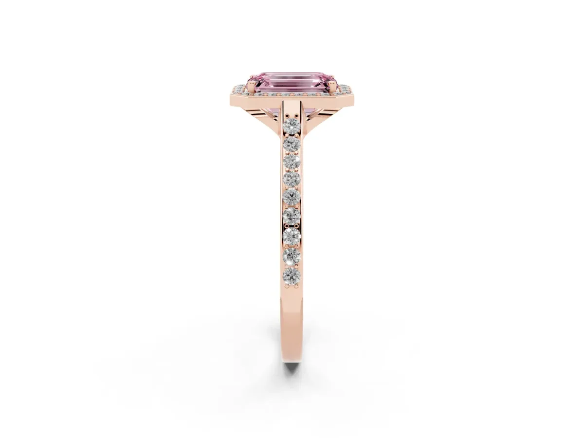 Fancy Pink Emerald Cut Diamond Halo Engagement Ring with Round Pavé Shoulders and Prong Setting Rose gold