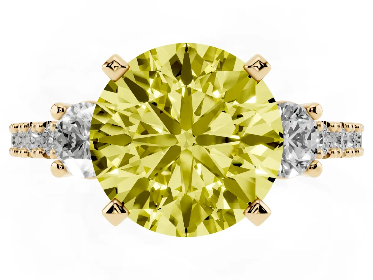 Fancy Yellow Round Cut Three-Stone Diamond Pavé Band with Prong Setting Yellow gold