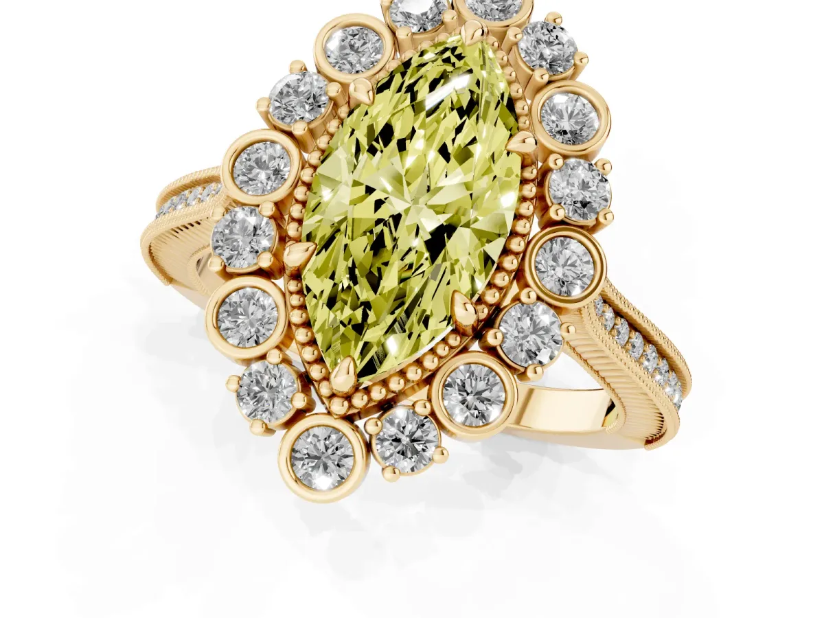 Fancy Yellow Marquise Cut Halo Milgrain Pave Diamond Ring with Four-Prong Setting Yellow gold