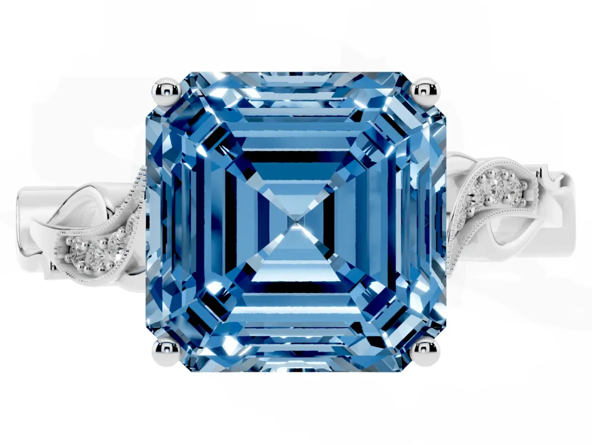 Fancy Blue Asscher Cut Solitaire Vine Band with Milgrain Prong Setting Silver