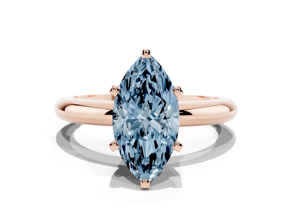 Fancy Blue Marquise Cut Diamond Solitaire Engagement Ring with Round Band and Four-Prong Setting Rose gold