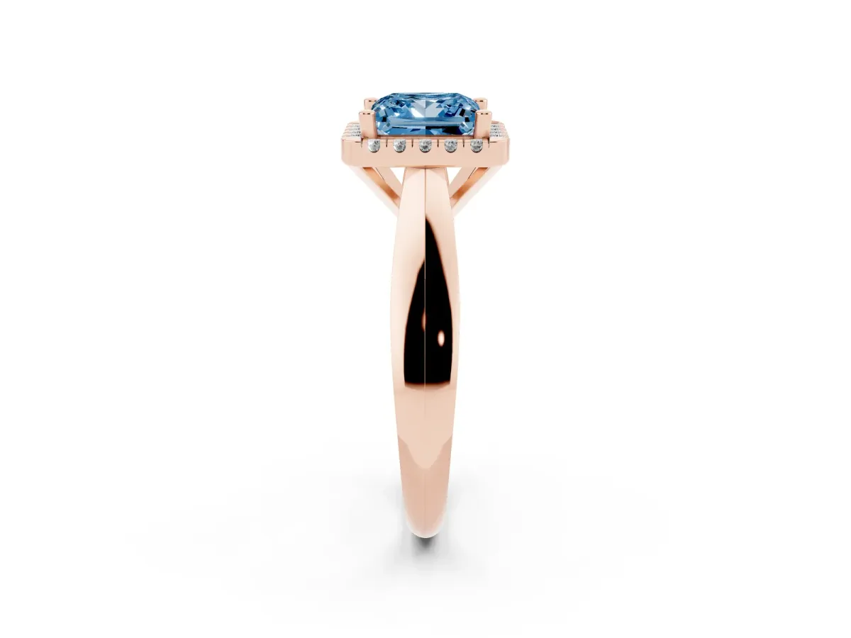 Fancy Blue Princess Cut Cut Halo Solitaire Engagement Ring with Square Band and Four-Prong Setting Rose gold