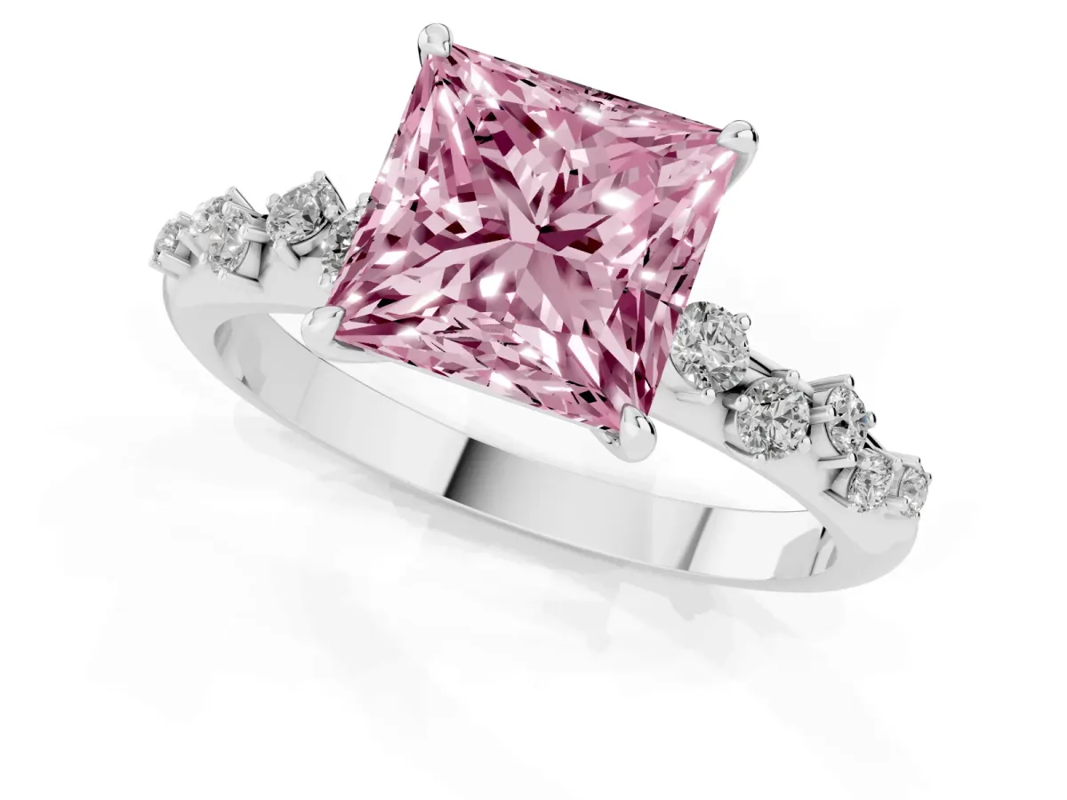 Fancy Pink Princess Cut Diamond Cluster Prong-Set Solitaire Ring White gold
