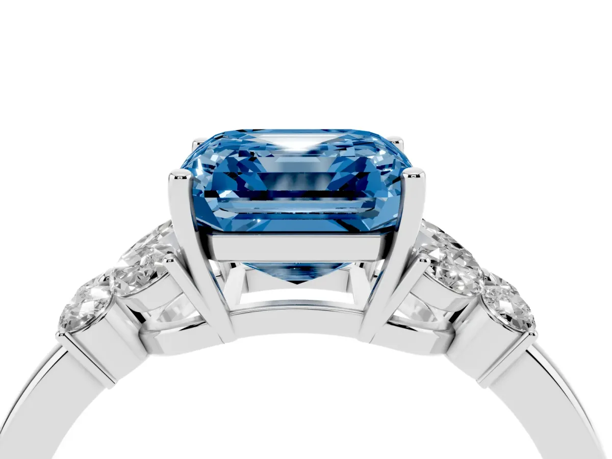 Fancy Blue Asscher Cut Cut Solitaire Floral Diamond Ring with Four-Prong Setting Silver