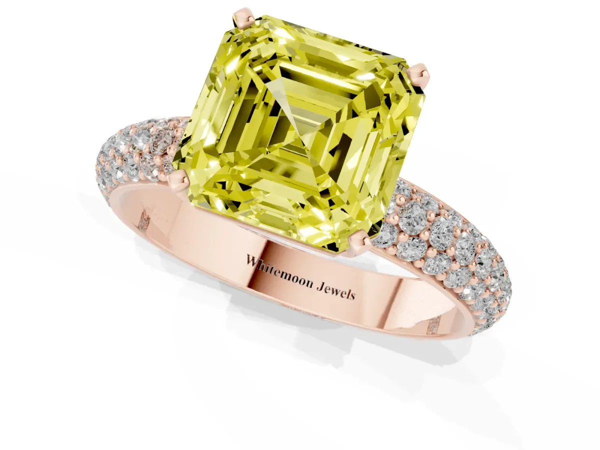 Fancy Yellow Asscher Cut Diamond Solitaire Ring with Prong Setting and Pavé Band Rose gold