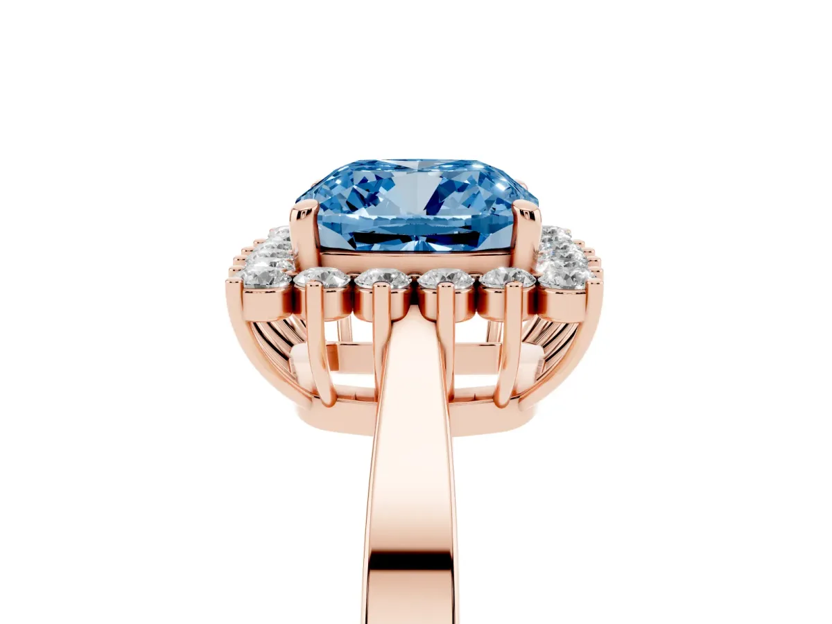 Fancy Blue Cushion Cut Cut Diamond Halo Ring with Round Brilliant Halo and Solitaire Band Rose gold