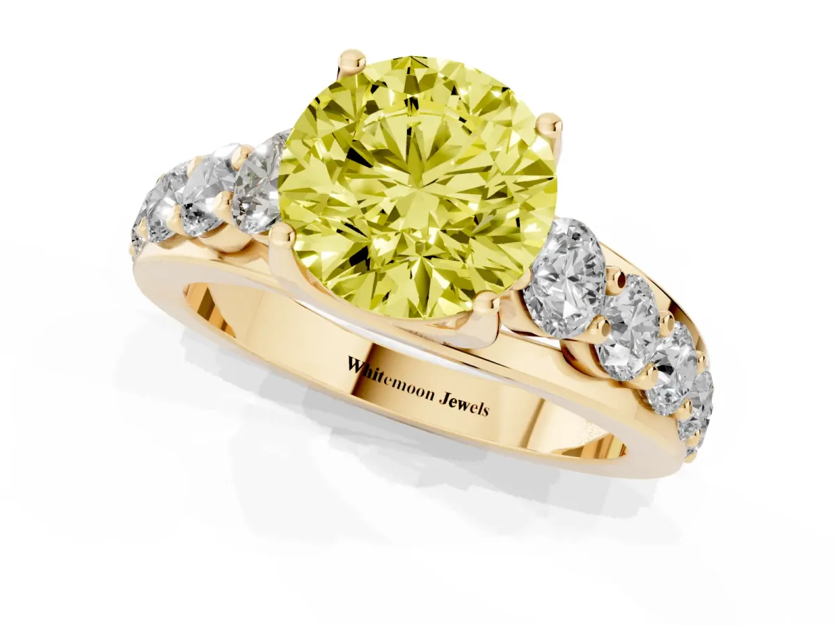 Fancy Yellow Round Cut Diamond Engagement Ring with Pavé Band and Four-Prong Setting Yellow gold