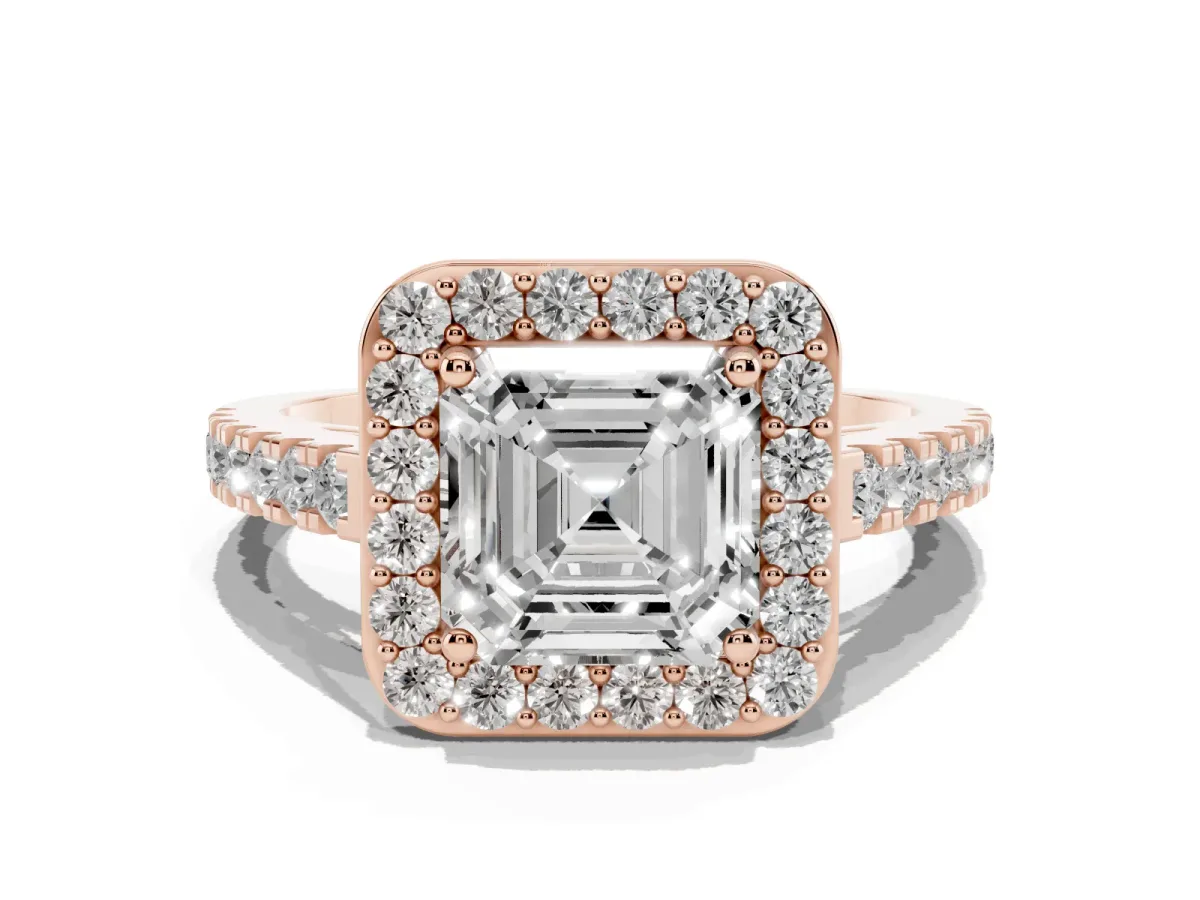 Asscher Cut Diamond Halo Ring with Round Pavé Split Shank and Prong Setting Rose gold