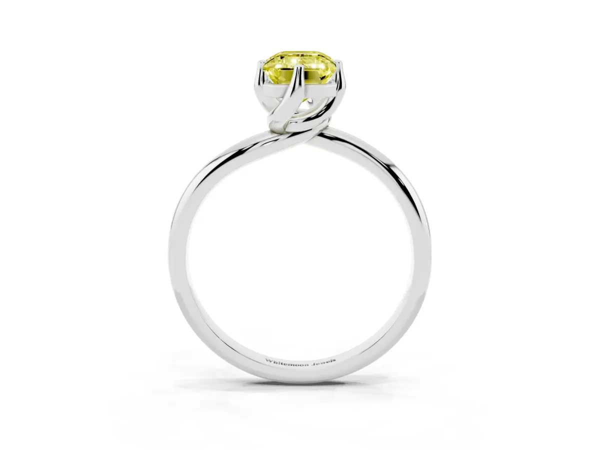 Fancy Yellow Emerald Cut Diamond Solitaire Engagement Ring with Four-Prong Setting and Classic Band Silver