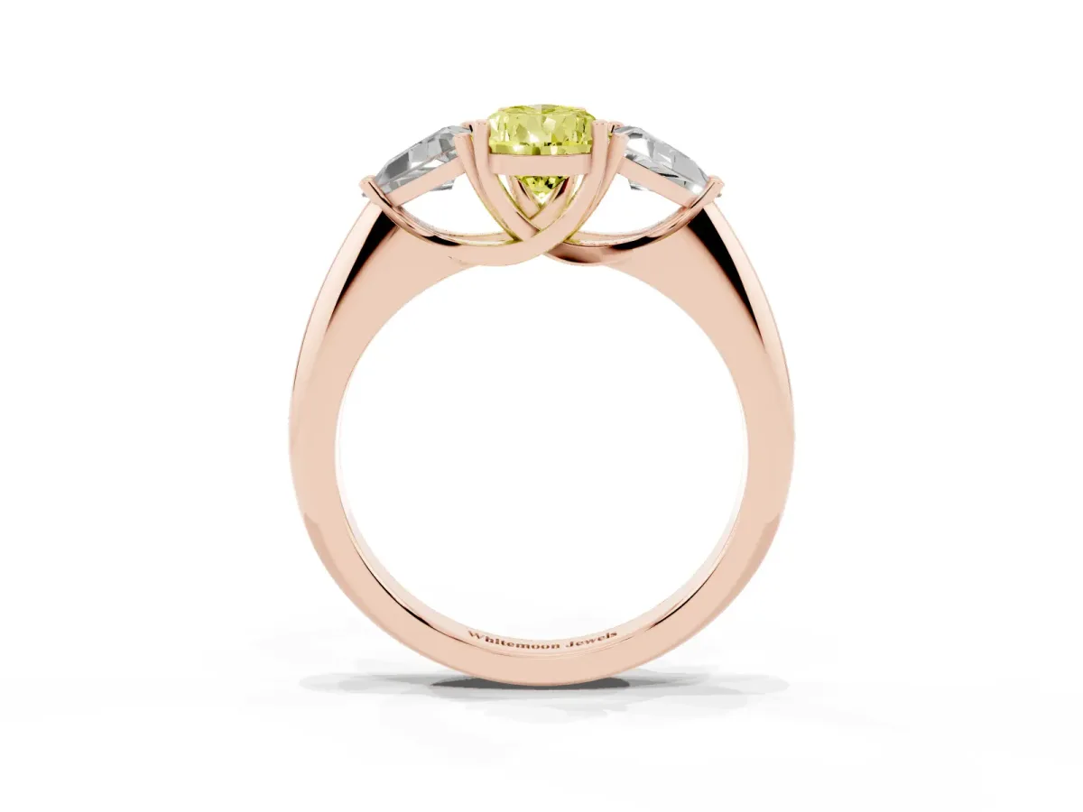 Fancy Yellow Three-Stone Pear Cut Diamond Engagement Ring with Trillion Side Stones and Prong Setting Rose gold