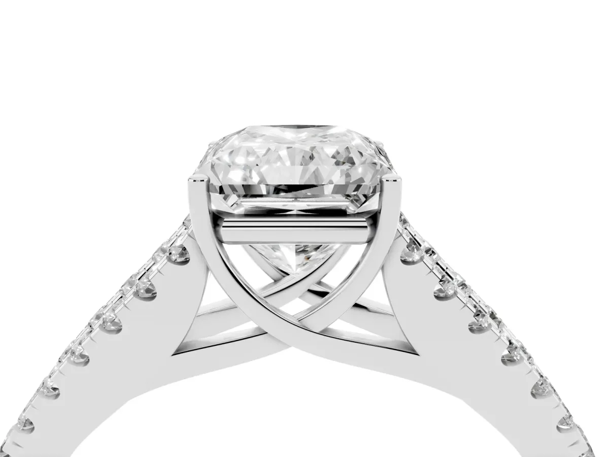 Radiant Cut Diamond Split Shank Pavé Engagement Ring with Four-Prong Setting White gold