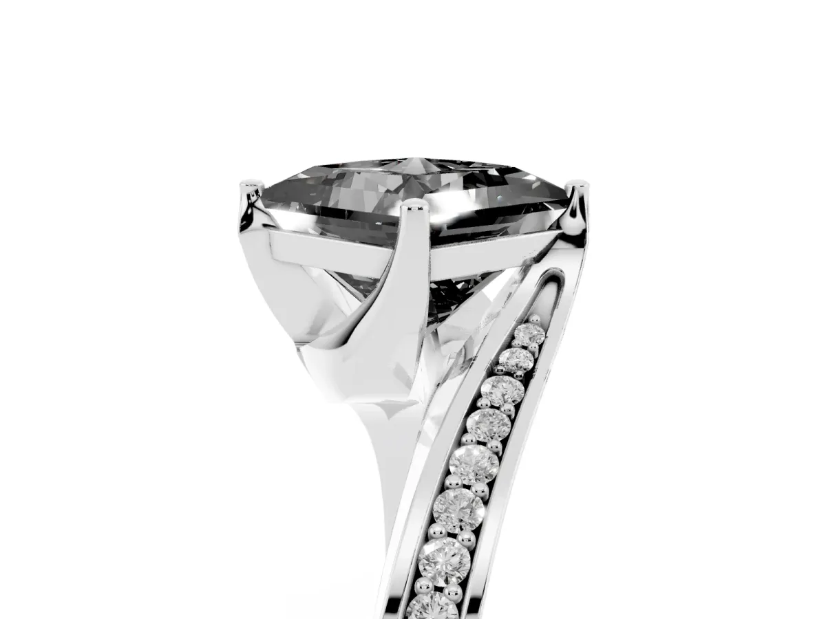 Fancy Black Princess Cut Solitaire Diamond Twist Band with Pavé Setting and Four-Prong Setting Platinum