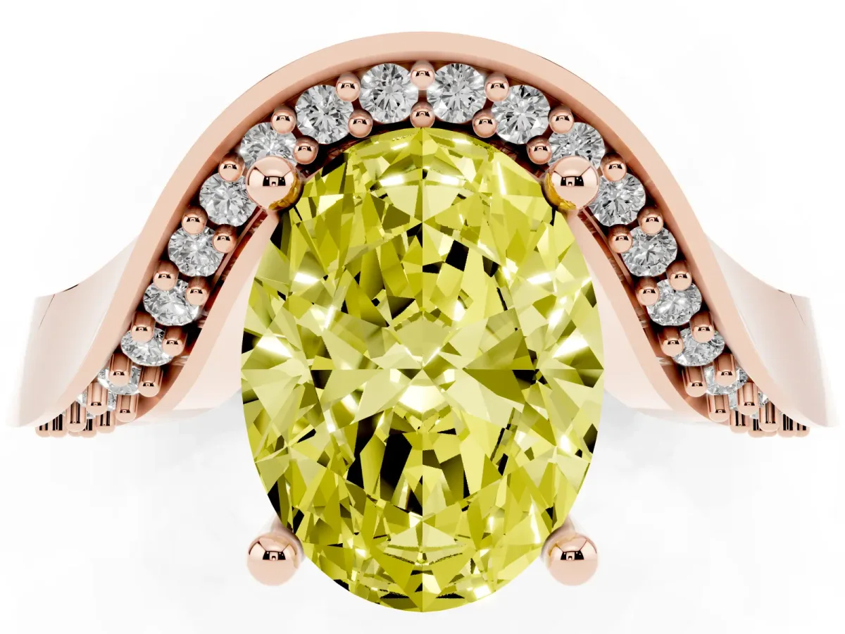 Fancy Yellow Oval Cut Solitaire Diamond Engagement Ring with Pave Band and Four-Prong Setting Rose gold