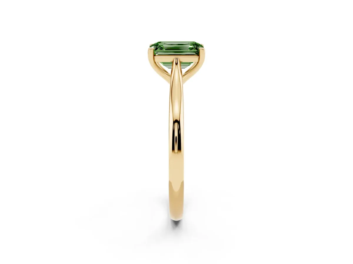 Fancy Green Emerald Cut Cut Solitaire Ring with Cathedral Band and Four-Prong Setting Yellow gold