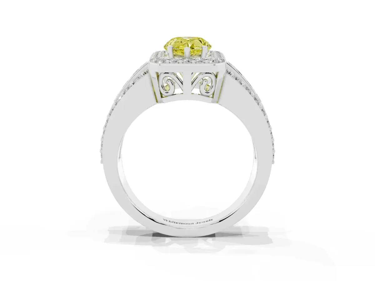 Fancy Yellow Pear Cut Halo Diamond Ring with Round Split Shank and Prong Setting Silver