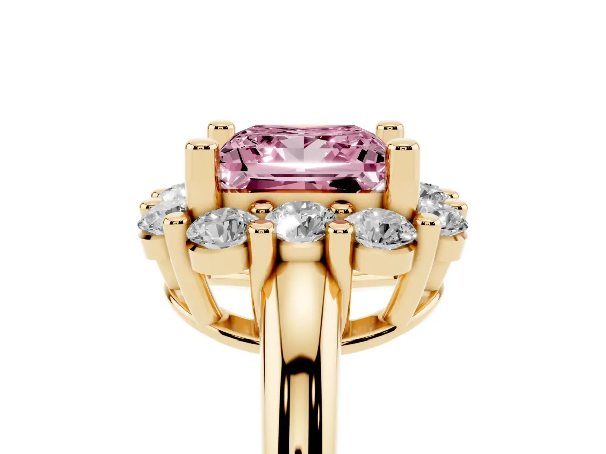 Fancy Pink Princess Cut Halo Cluster Diamond Engagement Ring with Prong Setting and Polished Band Yellow gold
