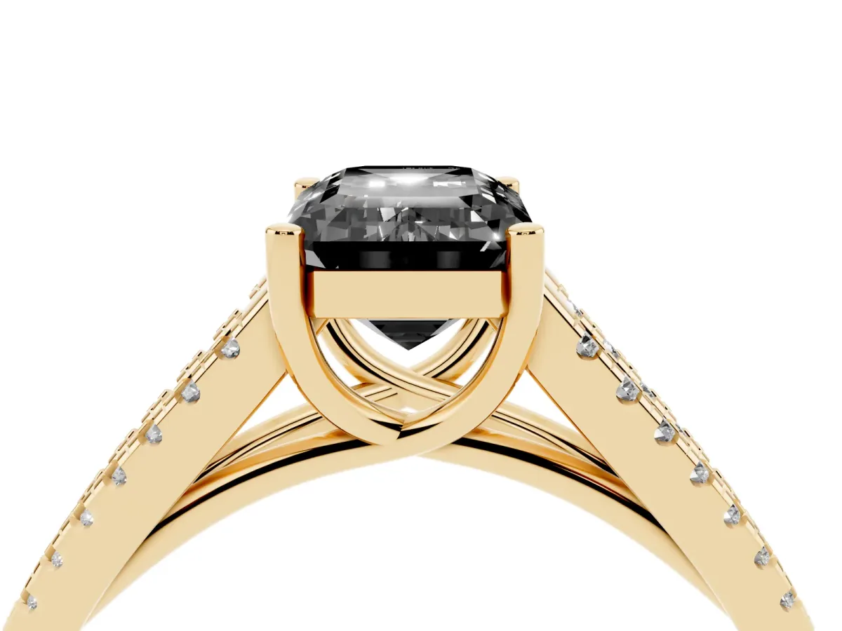 Fancy Black Emerald Cut Diamond Solitaire Engagement Ring with Split Shank Pavé Band Yellow gold