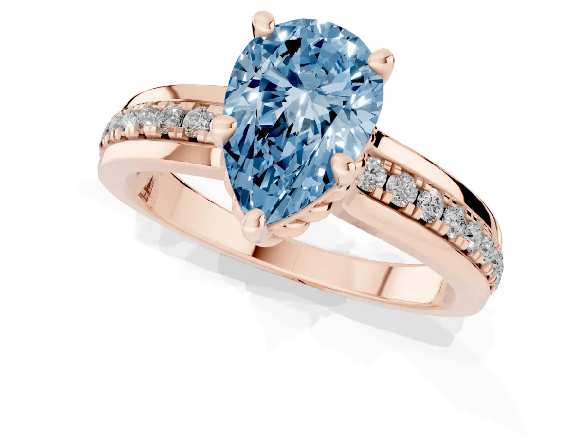 Fancy Blue Pear Cut Solitaire Diamond Ring with Channel Set Band and Six-Prong Setting Rose gold