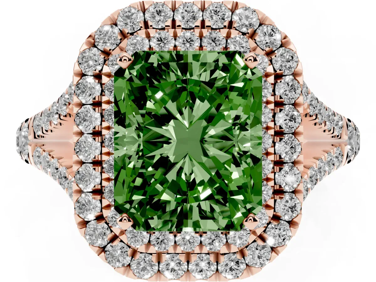Fancy Green Radiant Cut Diamond Double Halo Ring with Split Shank and Prong Setting Rose gold