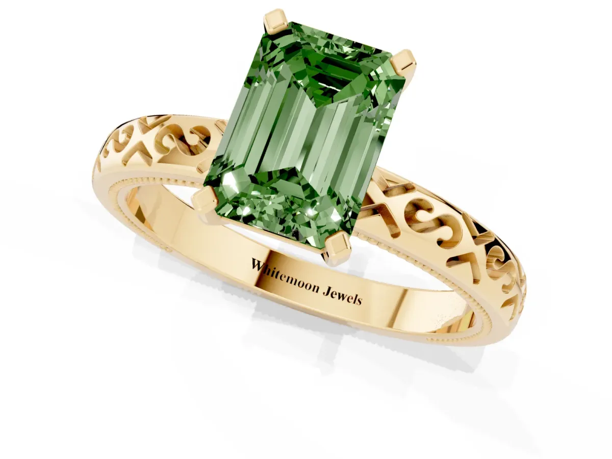 Fancy Green Emerald Cut Solitaire Engagement Ring with Scrollwork Band and Four-Prong Setting Yellow gold