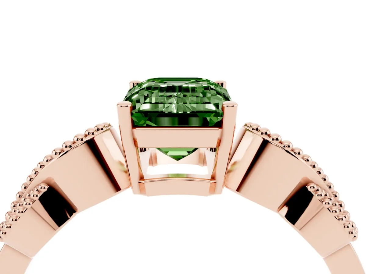Fancy Green Emerald Cut Solitaire Milgrain Leaf Band with Prong Setting Rose gold
