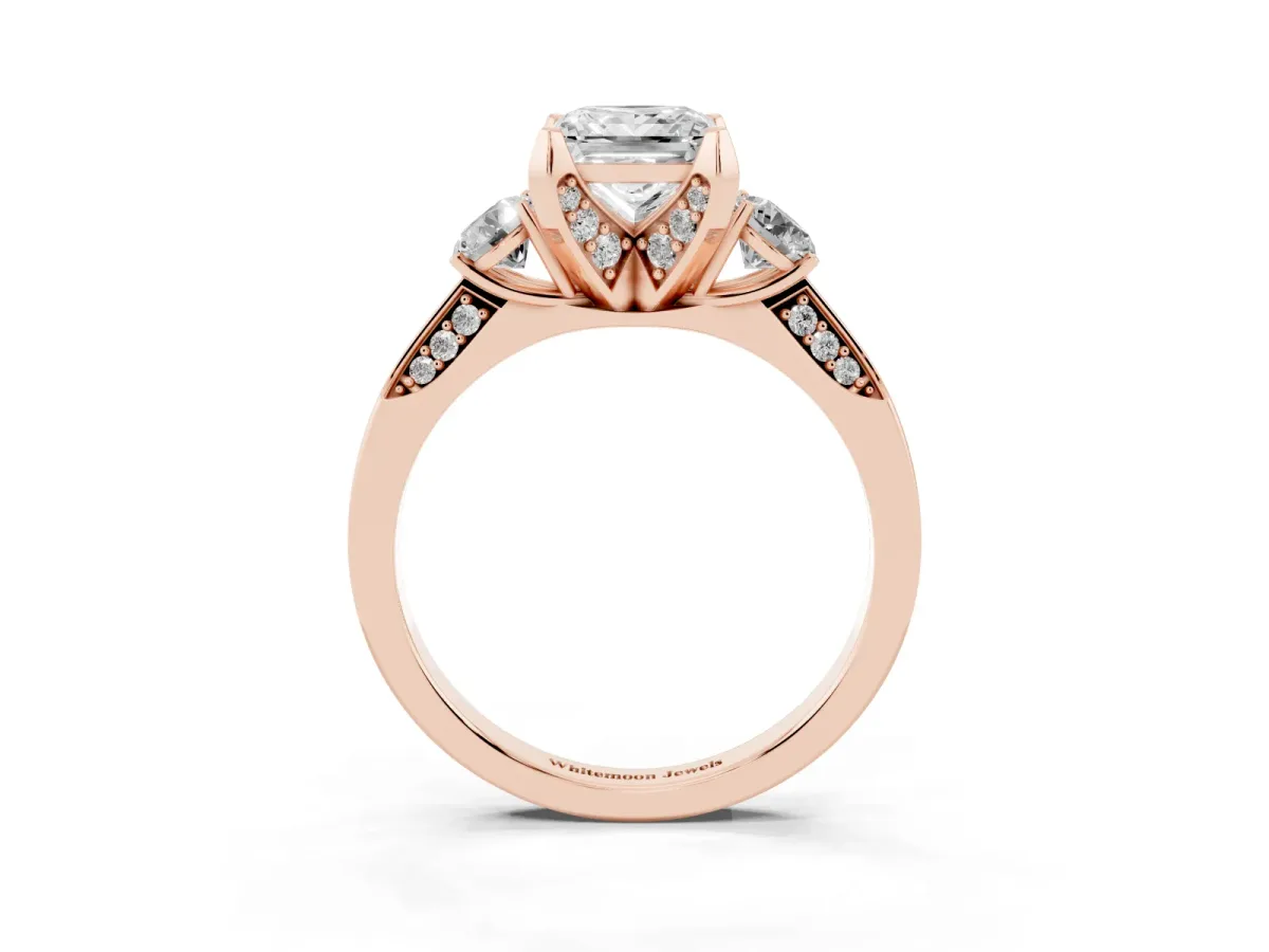 Princess Cut Brilliant Three-Stone Diamond Ring with Pavé Band and Four-Prong Setting Rose gold