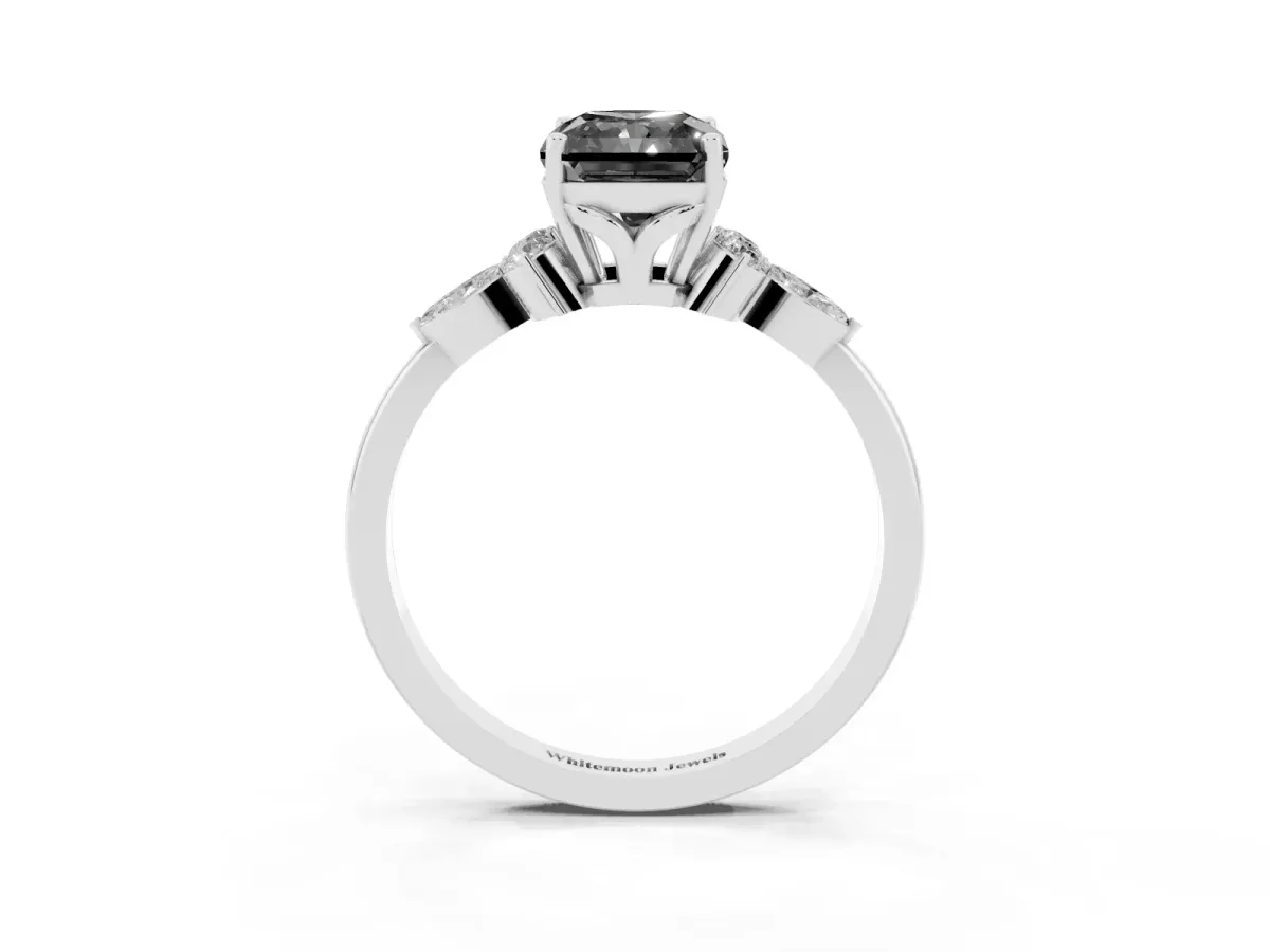 Fancy Black Radiant Cut Brilliant Diamond Solitaire Ring with Pear Side Stones and Four-Prong Setting Platinum