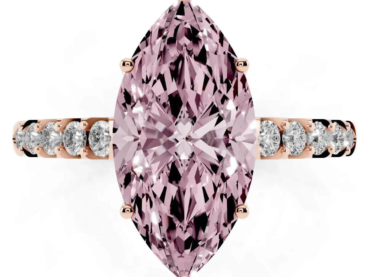 Fancy Pink Marquise Cut Solitaire Diamond Engagement Ring with Pavé Band and Six-Prong Setting Rose gold