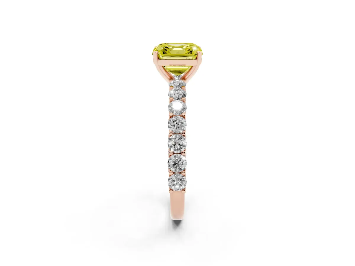 Fancy Yellow Asscher Cut Diamond Solitaire Ring with Shared Prong Pavé Band and Four-Prong Setting Rose gold