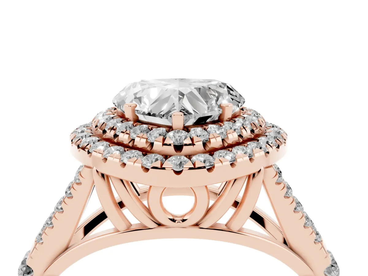 Heart Cut Cut Double Halo Split Shank Diamond Ring with Prong Setting Rose gold