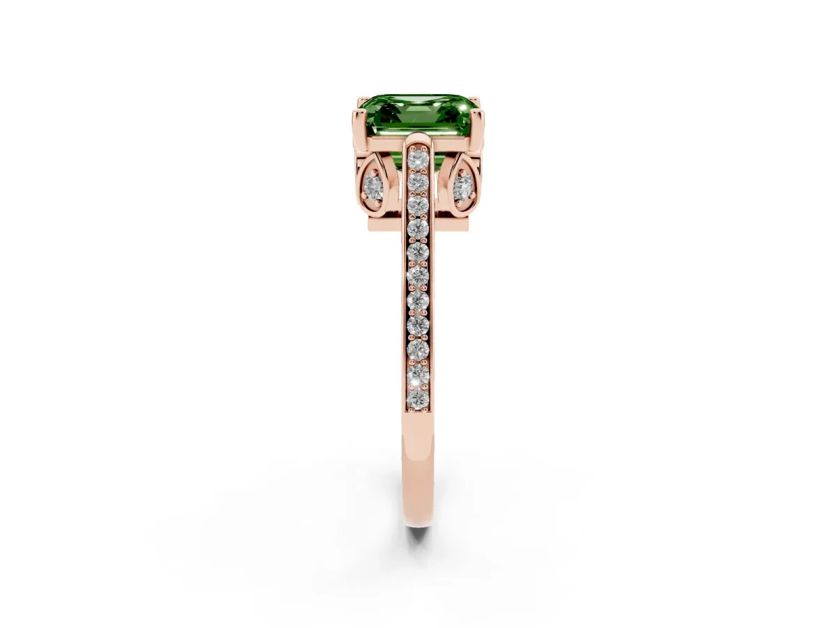 Fancy Green Asscher Cut Cut Cathedral Pave Diamond Engagement Ring with Six-Prong Setting Rose gold