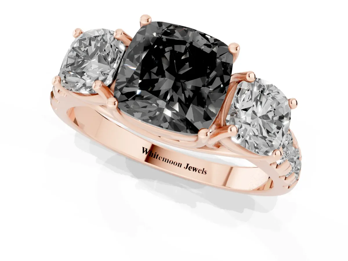Fancy Black Three-Stone Cushion Cut Diamond Pavé Band with Prong Setting Rose gold