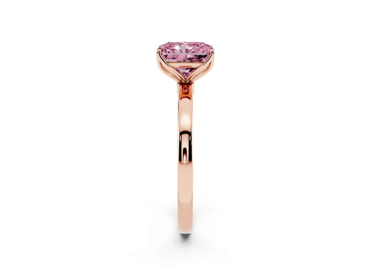 Fancy Pink Radiant Cut Diamond Solitaire Ring with Thin Band and Prong Setting Rose gold